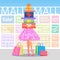 Girl with colourful gift boxes and shopping bags. Sale