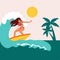 Girl conquers the wave tropical beach raging ocean