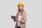 Girl Construction Worker Holding Tablet Watching Front Isolated. Girl Working with Tablet. Modern Construction