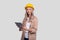 Girl Construction Worker Smilling Holding Tablet Watching Front Isolated. Girl Working with Tablet. Modern Construction