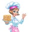 girl in cook cap and apron holding a plate with a pile of pancakes isolated mascot design