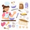 Girl cooking in kitchen. Little baker. Kitchen tools isolated on a white background. Little cook mixes the dough. Kid