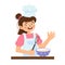 Girl cooking in kitchen. Little cook mixes the dough. Kid character in cartoon style. Vector illustration isolated on