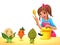 Girl is cooking with three funny vegetables