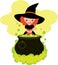 Girl in costume of Halloween witch cooks a potion in the big pot