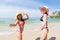 Girl Couple On Beach Summer Vacation, Young Woman Wear Hat Sea Ocean