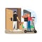Girl courier in mask leaving grocery bag at the door, flat vector illustration. Safe contactless delivery service.
