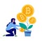 Girl creates capital from bitcoin, concept in flat style. Blockchain technologies, digital money market, cryptocurrency