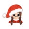 Girl with crying and tears emotion, sad face, depressive eyes in red Santa hat