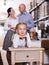 Girl with curbstone in furniture store