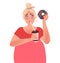 A girl with a curvaceous body drinks coffee and holds a sweet donut. Overweight, obesity, dietetics. Fashion size plus. Vector gra