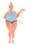 A girl with a curvaceous body measures the waist centimeter. Overweight, obesity, dietetics. Fashion size plus. Vector graphics