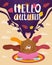 Girl cut and cheerful in a brown sweater drinks a cup of tea or coffee with autumn leaves. Lettering Hello Autumn