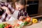 Girl cut vegie cook dinner ingredient healthy food