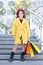 Girl cute little lady dressed french style coat and beret carry shopping bags. Autumn shopping concept. Little child