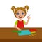 Girl Cutting Grass Shape For Applique, Elementary School Art Class Vector Illustration