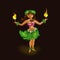 Girl dancer in Hawaiian folk clothes with torches for fiery dance. Hula Dance and Fire Show.