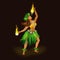 Girl dancer in Hawaiian folk clothes with torches for fiery dance. Hula Dance and Fire Show.