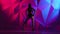 Girl dancing energetic dance booty in shorts on bright graphic background. Slow motion