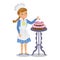 Girl decorates a cake with cherries. Cute cartoon girl with cake