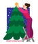 Girl decorates Christmas tree vector flat illustration