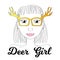 Girl in deer horn glasses. Boho style fashionista girl print. Deerhorn thin line illustration.