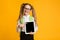 Girl With Digital Tablet Posing On Yellow Studio Background, Mockup