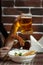 Girl dines in a pub fried sausages