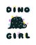 Girl Dinosaur linocut stamp vector illustration in flat dino cartoon scandinavian style with lettering. Childish design
