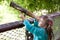 Girl discovers through old-style telescope