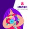 Girl with disproportionate figure holds bouquet of flowers. Flat design. Trendy style. 8 March. Happy women`s day