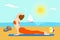 The girl does yoga on a sunny beach. In the background is a yacht on the sea.