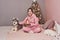 Girl with dog husky on Christmas background. Christmas card template. Family christmas. Merry christmas and happy new year concept