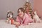 Girl with dog husky on Christmas background. Christmas card template. Family christmas. Merry christmas and happy new year concept