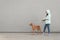 Girl and dog on a leash are walking against the background of a gray wall. Owner walks the dog on a gray background. Street photo