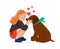 Girl dog love. Littl mistress hugging puppy vector illustration, cute child cuddle pet animal, children loving animals