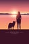 Girl and dog silhouette by the lake with mountain landscape at sunset adventure design