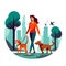 Girl dog walker with group of dogs enjoying in walk. Dog Walking Service. Cartoon vector illustration