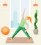 Girl is doing exercises in the room in front of the window on the rug. Active happy sports life of modern woman. Flat illustration