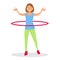 Girl Doing Hula hoop, Kid Practicing Different Sports And Physical Activities. Sport girl make fitness exercises with hula hoop.