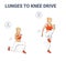 Girl Doing Lunges to Knee Drive Home Exercise Guidance. Reverse Lunges to Knee Hops Woman Workout.
