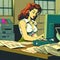 girl doing office work , style of 90\'s vintage image