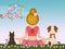 Girl doing yoga with her domestic animals in spring