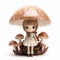 Girl doll lives in a mushroom in the forest white background.