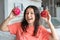 Girl and dragon fruit. Joyful girl enjoying tropical fruits