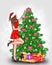 a girl in a dress dresses up a Christmas tree