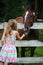 Girl In Dress Feeding Brown Horse Behind Fence