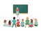 The girl in the dress meets near the blackboard. Children sit on the floor with their backs. Vector illustration.
