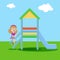 Girl in a dress near a hill or children playgrounds. Flat character. Vector, illustration EPS10.