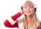 Girl dressed as Santa listening to the music